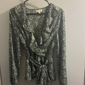 Anthropologie Green Floral Ruffle Blouse